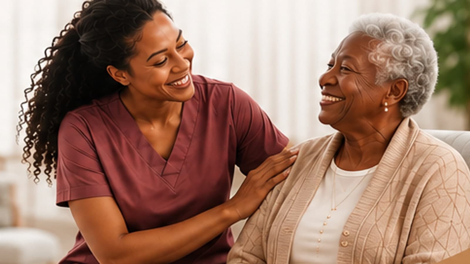 A caregiver supporting an older woman at home